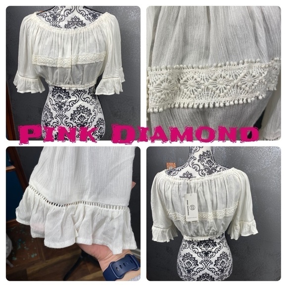 White peasant cropped blouse with lace trim boho - Picture 1 of 10